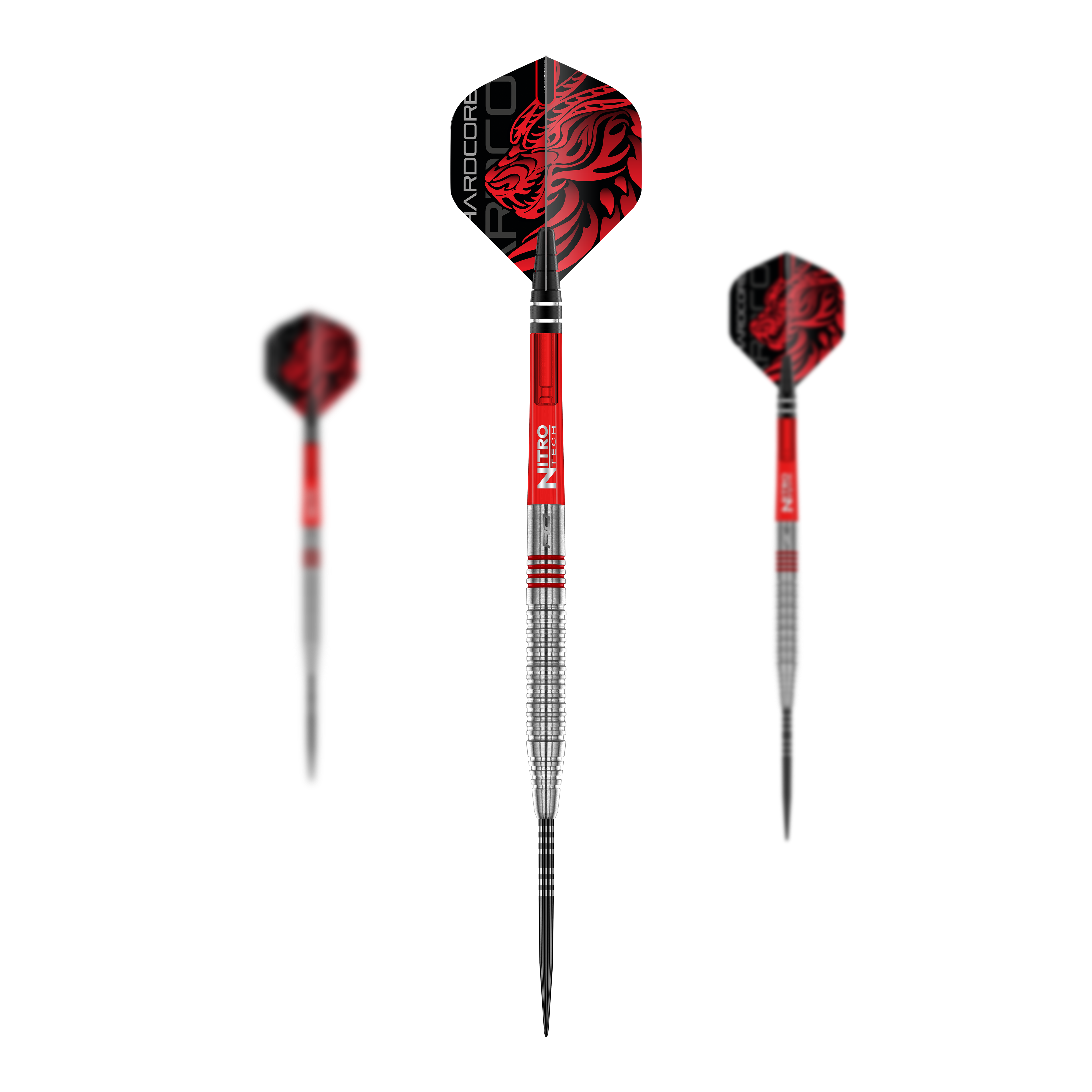 Das Bild zeigt drei Red Dragon Jonny Clayton Original 2 Steeldarts. Die Darts haben rote und silberne Griffe sowie Flights mit einem roten Drachenmotiv.